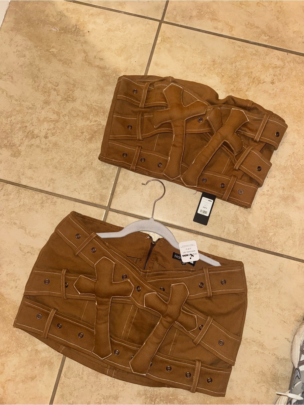 Brown Strap-Detail Mini Skirt Set